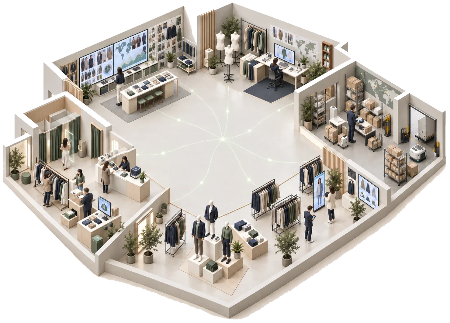 Isometric cutaway of an apparel business: design studio, trend and planning room, warehouse and logistics, store floor and fitting rooms, connected by shared signal lines.