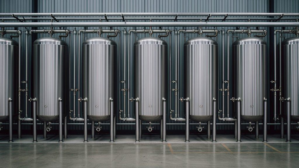 Industrial process hall with stainless steel tanks