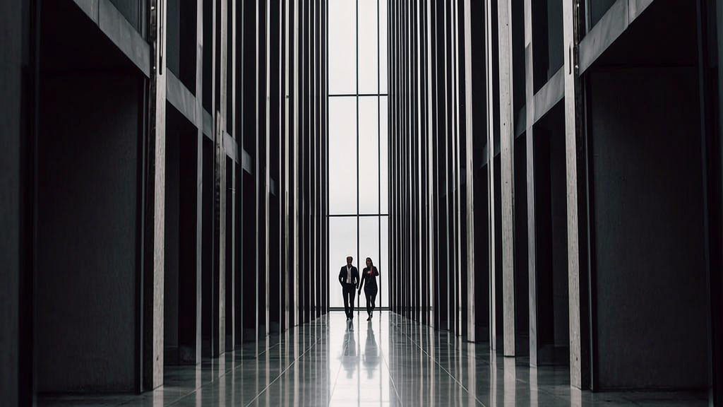 Two consultants walking through a minimal office corridor