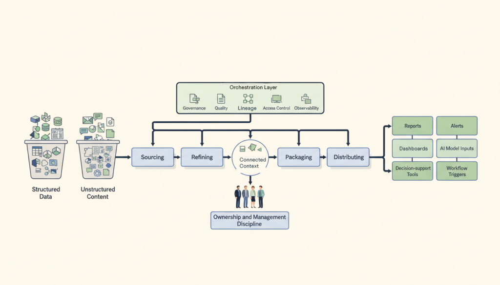 Diagram showing structured data and unstructured content being transformed through sourcing, refining, connected context, packaging and distribution into reliable information products.